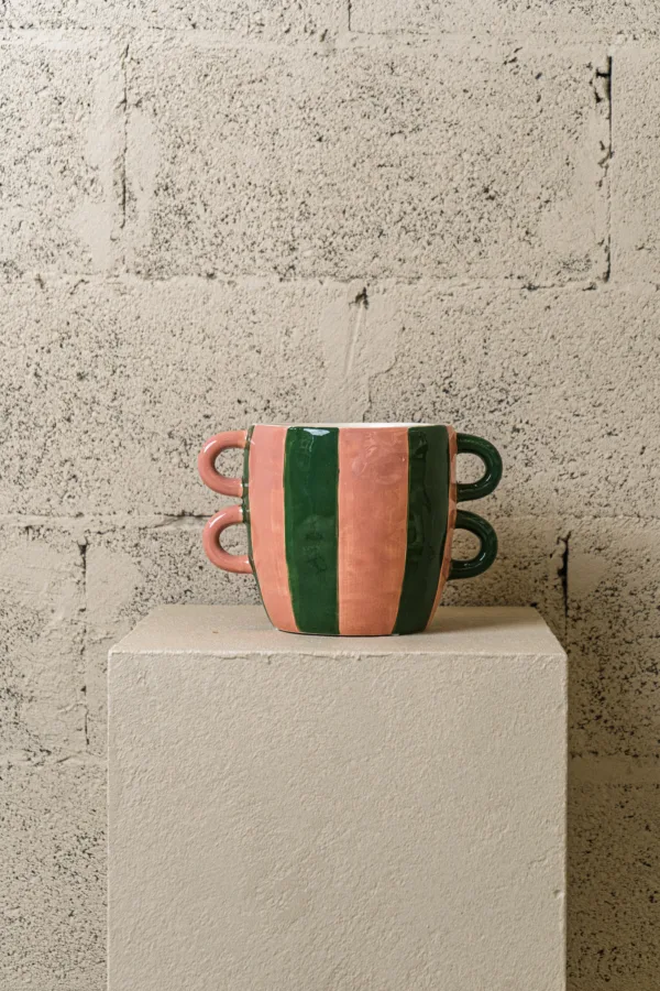 Cache-pot “Double Duo” rayé rose & vert